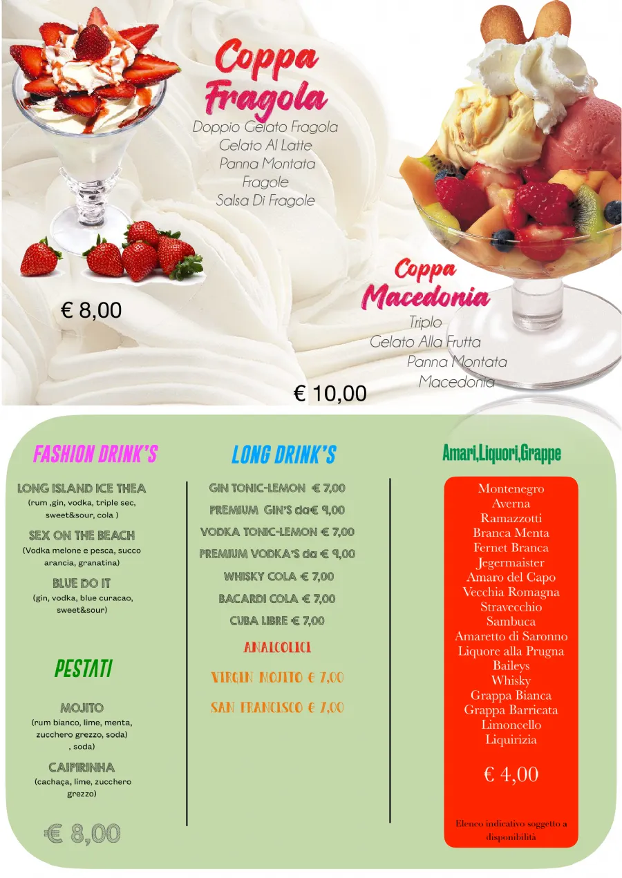 Listino online : Menu Listino prezzi  Bar Maja Bibione